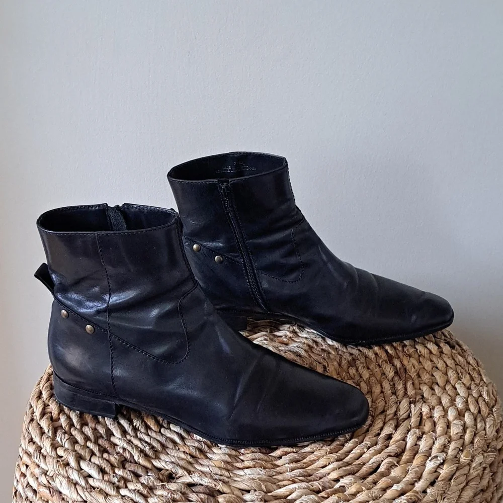 Talbots Womens Black‎ Leather Side Zip Square Toe Low Heel Ankle Booties S-7.5
